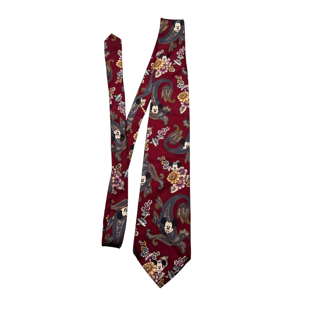 Vintage 90s Disney Mickey Mouse Mens Silk Tie Paisley Floral Walt Disney Company